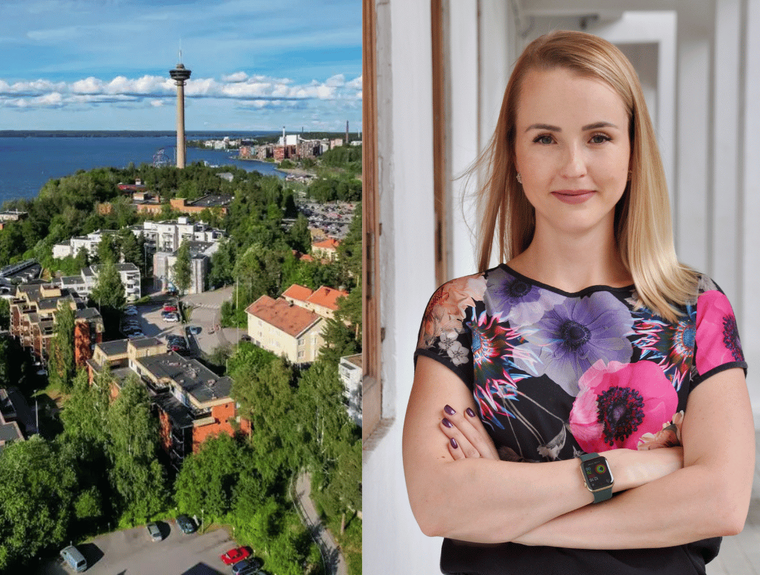 Kuvassa Tampereen skyline sekä Suvi Schwab värikkäässä paidassa.