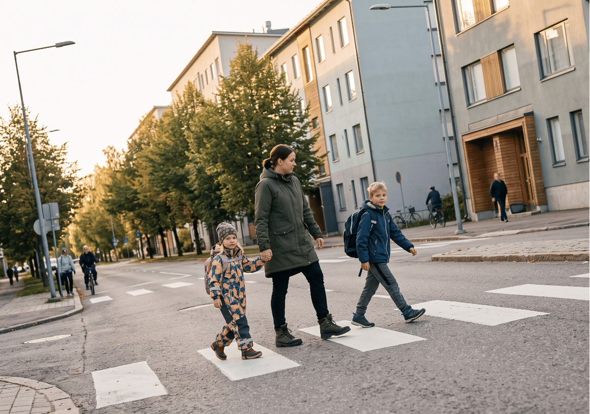 Äiti ja lapset ylittämässä suojatietä asuinalueella.